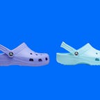 classic crocs in purple and turquoise