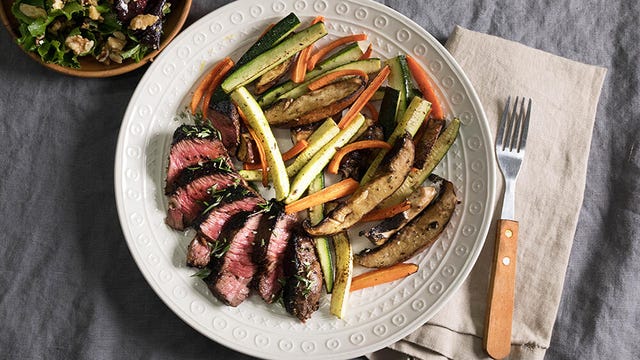 Meal from Green Chef: looks like seared tuna or steak medallions on a bed of veggies