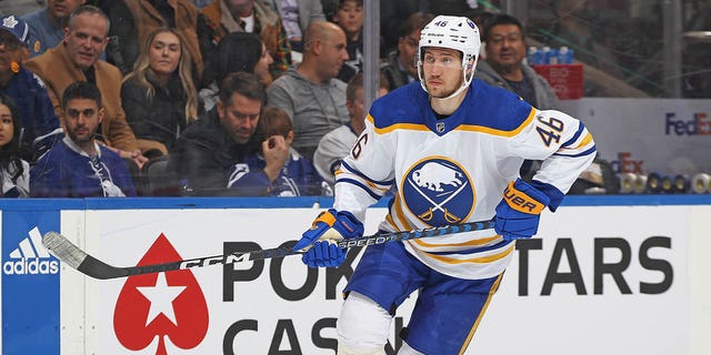 Ilya Lyubushkin of the Buffalo Sabres skates against the Maple Leafs at Scotiabank Arena on March 13, 2023, in Toronto, Canada.