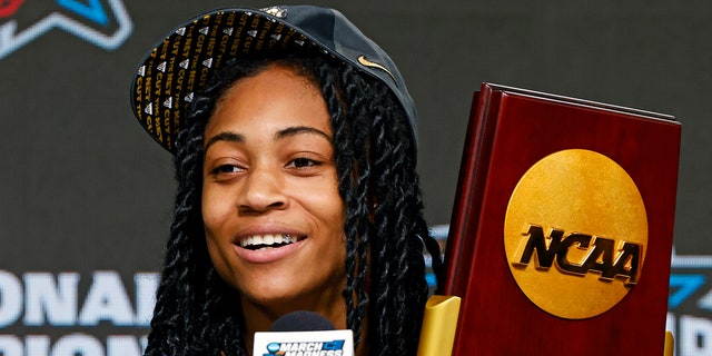 LSU's Alexis Morris speaks during a press conference after the championship game on April 2, 2023, in Dallas.