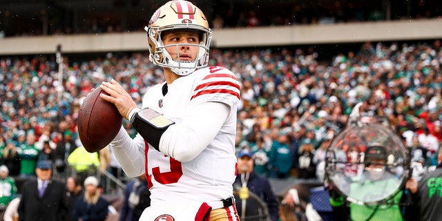 San Francisco's Brock Purdy warms up prior to the NFC Championship game at Lincoln Financial Field on Jan. 29, 2023, in Philadelphia.