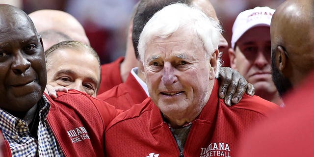 Former Hoosiers head coach Bob Knight on the court during halftime of the game against the Purdue Boilermakers at Assembly Hall on Feb. 8, 2020, in Bloomington, Indiana.