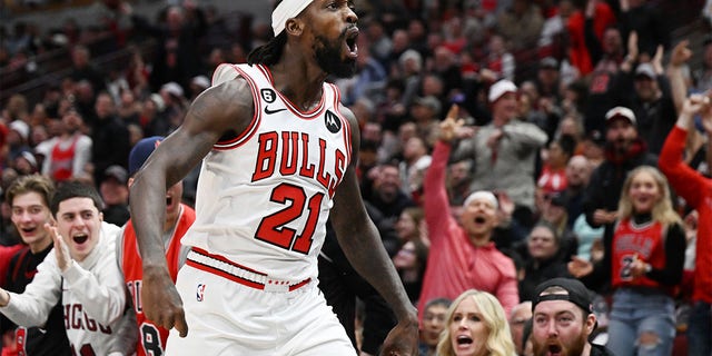 Patrick Beverley of the Chicago Bulls reacts after scoring a 3-point basket against the Miami Heat during the first half at United Center March 18, 2023, in Chicago.