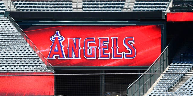 The Angels' logo on a ribbon board during a summer workout in preparation for a shortened MLB season during the coronavirus pandemic July 10, 2020, at Angel Stadium in Anaheim, Calif. 