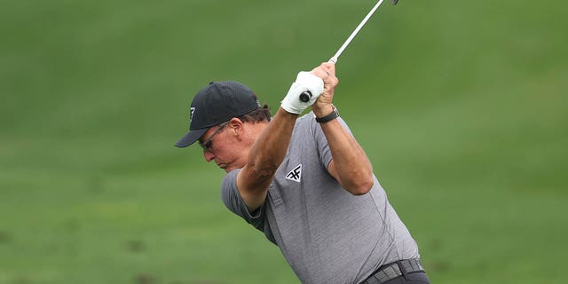 Phil Mickelson of the United States warms up on the practice area prior to the 2023 Masters Tournament at Augusta National Golf Club on April 4, 2023 in Augusta, Georgia.