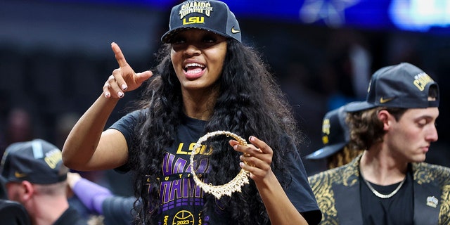 LSU Lady Tigers forward Angel Reese celebrates after defeating the Iowa Hawkeyes in the national championship Apr 2, 2023, in Dallas, Texas.