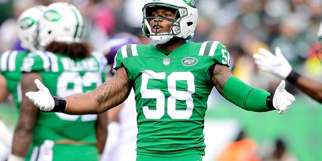 Darron Lee of the New York Jets reacts against the Minnesota Vikings at MetLife Stadium Oct. 21, 2018, in East Rutherford, N.J.