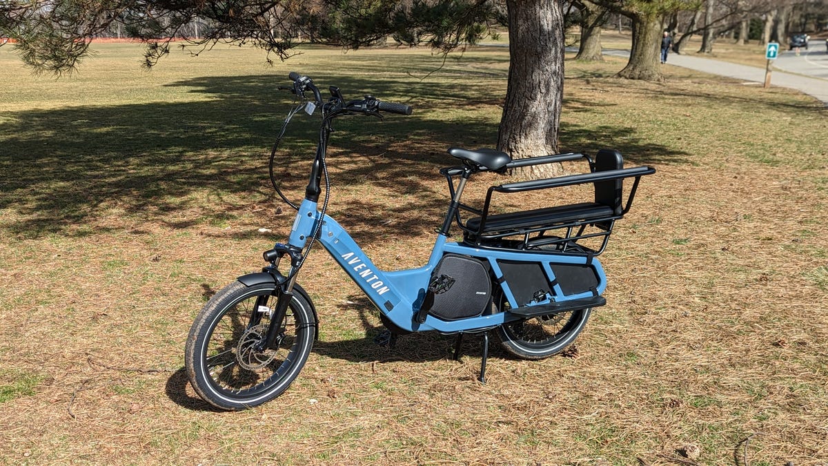 Aventon Abound cargo e-bike on grass.