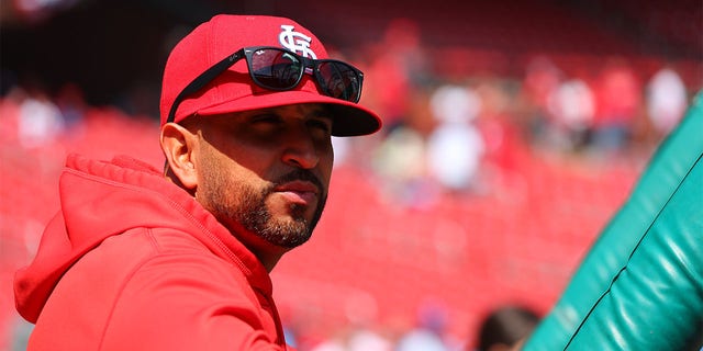 Manager Oliver Marmol of the Cardinals before the Toronto Blue Jays game at Busch Stadium on Thursday, March 30, 2023, in St. Louis.