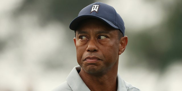 Tiger Woods looks on during a practice round prior to the 2023 Masters Tournament at Augusta National Golf Club on April 4, 2023 in Augusta, Georgia.