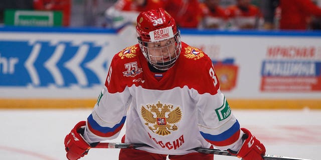 Matvei Michkov, #39 of Russia U20, seen in action during the Liga Stavok St. Petersburg Cup, hockey tournament match between Russia and Russia U20 at Jubilee Arena in Saint Petersburg, Russia.