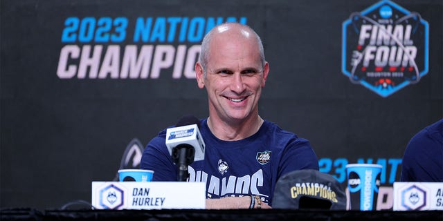 Connecticut's head coach Dan Hurley talks to the media after his team beat the San Diego State Aztecs to win the NCAA national championship on April 3, 2023, in Houston.