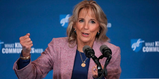 First lady Jill Biden speaks during a visit to the American Federation of Teacher's headquarters in Pittsburgh in support of local candidates Nov. 2, 2022. 