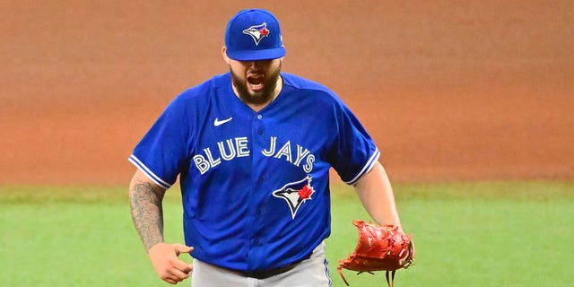 Alek Manoah #6 of the Toronto Blue Jays reacts after the seventh inning against the Tampa Bay Rays at Tropicana Field on September 24, 2022 in St Petersburg, Florida.