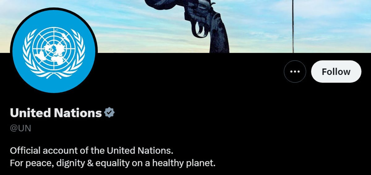 United Nations Twitter header shows a gun against a blue sky, the blue UN logo and the UN's account name with a gray check mark badge next to it.