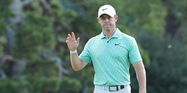 Rory McIlroy of Northern Ireland reacts to his birdie on the seventh green during the final round of the Tour Championship at East Lake Golf Club Aug. 28, 2022, in Atlanta, Ga.