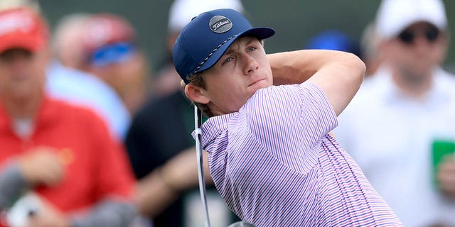 Gordon Sargent of The United States plays his tee shot on the eighth hole during practice prior to the 2023 Masters Tournament at Augusta National Golf Club on April 04, 2023 in Augusta, Georgia. 