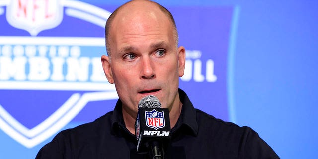 General Manager Eric DeCosta of the Baltimore Ravens speaks to the media during the NFL Combine at Lucas Oil Stadium on March 01, 2023, in Indianapolis, Indiana. 