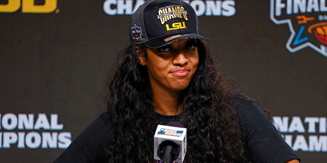 Angel Reese, #10 of the LSU Lady Tigers, speaks during a press conference after the LSU Lady Tigers beat the Iowa Hawkeyes 102-85 during the 2023 NCAA Women's Basketball Tournament championship game at American Airlines Center on April 2, 2023 in Dallas.