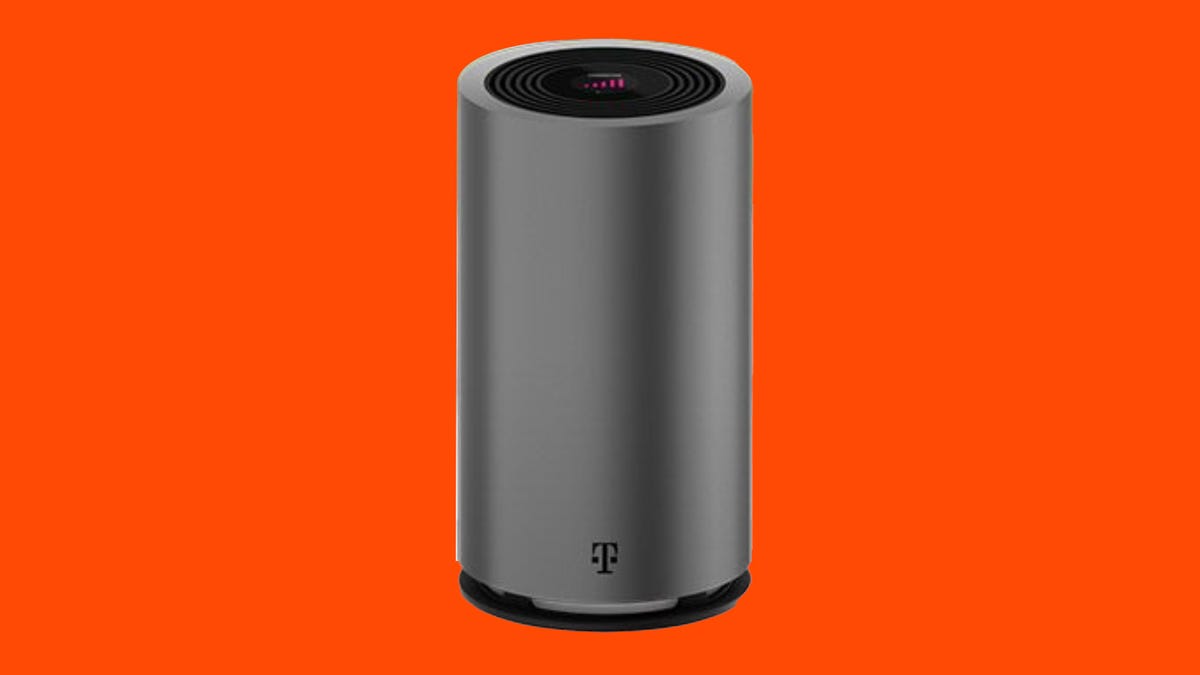 T-Mobile's Wi-Fi Gateway device set against an orange backdrop