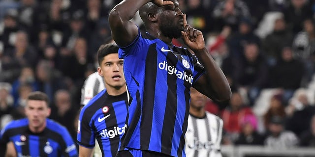 Inter Milan's Romelu Lukaku, #90, gestures after scoring a goal in an Italian cup semifinal first leg soccer match between Juventus and Inter Milan, at the Allianz Stadium, in Turin, Italy, Tuesday, April 4, 2023. 