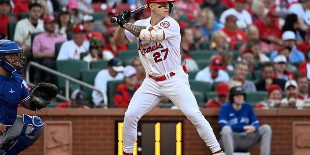 Cardinals' Tyler O'Neill at bat against the Toronto Blue Jays on Opening Day at Busch Stadium on March 30, 2023, in St Louis.