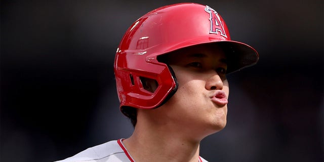 Shohei Ohtani of the Los Angeles Angels reacts during the sixth inning against the Seattle Mariners at T-Mobile Park April 5, 2023, in Seattle. 