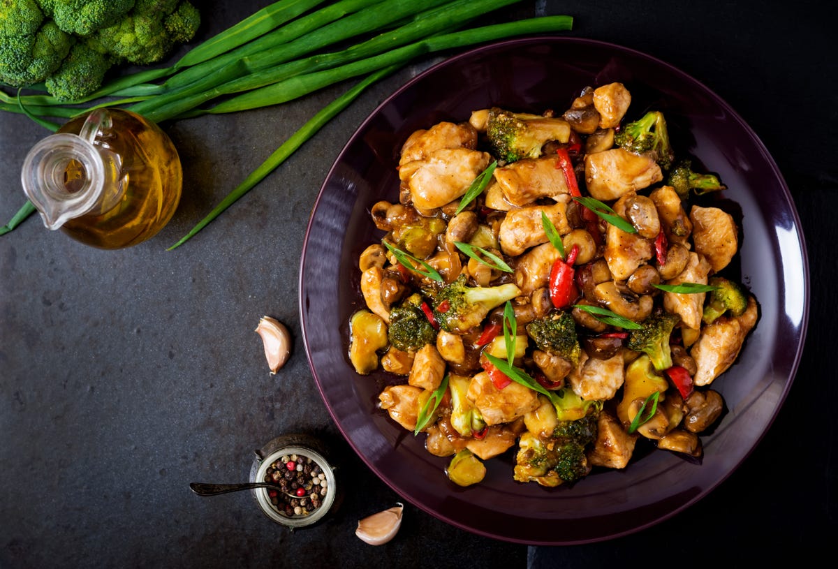 Saucy chicken, mushroom and broccoli stir fry