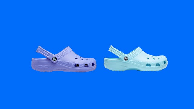 classic crocs in purple and turquoise