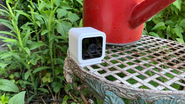 A small Wyze camera on outside plant stand next to a red watering can