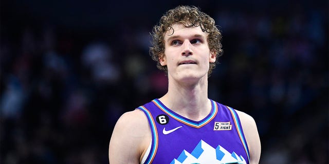 Lauri Markkanen, #23 of the Utah Jazz in action during the second half of a game against the Phoenix Suns at Vivint Arena on March 27, 2023, in Salt Lake City, Utah.  