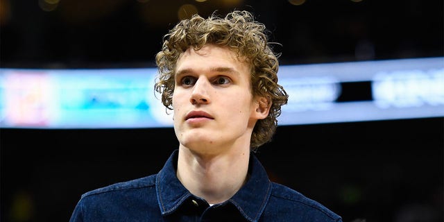 Lauri Markkanen, #23 of the Utah Jazz, looks on during the first half of a game against the Oklahoma City Thunder at Vivint Arena on April 6, 2023, in Salt Lake City, Utah. 