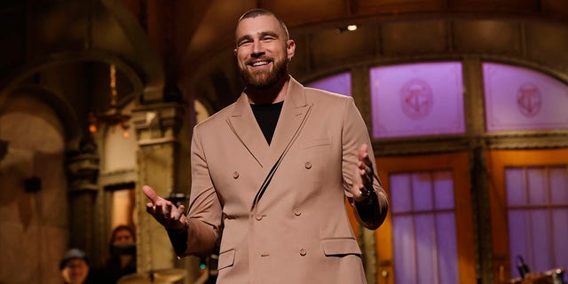 "Saturday Night Live" host Travis Kelce during his monologue March 4, 2023.