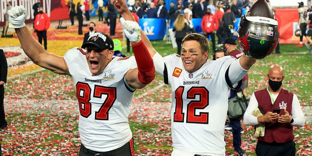 Rob Gronkowski and Tom Brady celebrate after winning the Super Bowl.