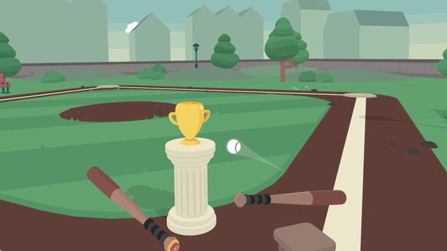 Two baseball bats aiming at a ball flying towards a trophy on a white pedestal in a baseball diamond, a scene in a video game.