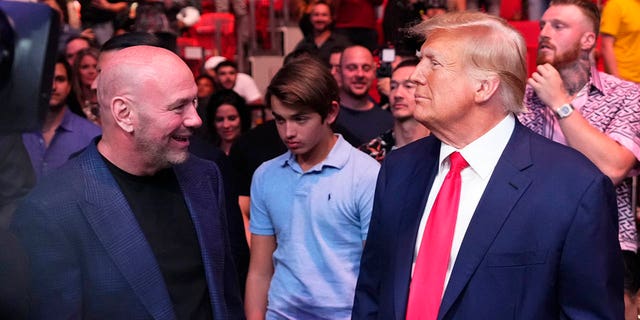 Former U.S. President Donald Trump and UFC president Dana White are seen in attendance during the UFC 287 event at Kaseya Center on April 08, 2023, in Miami, Florida.