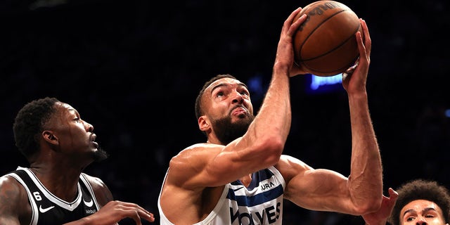 Rudy Gobert of the Minnesota Timberwolves shoots against the Brooklyn Nets at Barclays Center on April 4, 2023, in New York City.