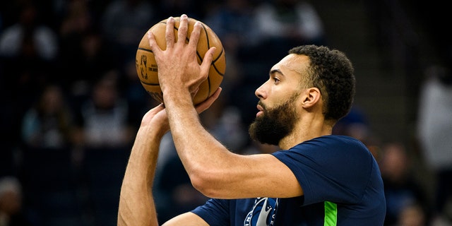 Rudy Gobert of the Minnesota Timberwolves before the New Orleans Pelicans game at Target Center on April 9, 2023, in Minneapolis.