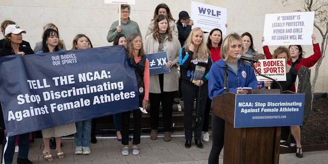 Former University of Kentucky swimmer Riley Gaines speaks during a rally on Jan. 12, 2023, outside the NCAA Convention in San Antonio.