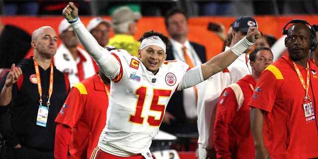 Patrick Mahomes of the Kansas City Chiefs celebrates after defeating the Philadelphia Eagles 38-35 to win Super Bowl LVII at State Farm Stadium on Feb. 12, 2023, in Glendale, Arizona.