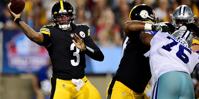 Dwayne Haskins of the Pittsburgh Steelers passes against the Dallas Cowboys at Tom Benson Hall Of Fame Stadium on Aug. 5, 2021, in Canton, Ohio.