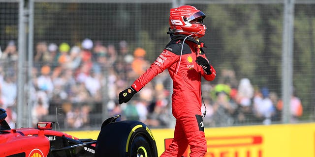 Charles Leclerc of Monaco and Ferrari climbs from his car after retiring from the race during the F1 Grand Prix of Australia at Albert Park Grand Prix Circuit on April 02, 2023 in Melbourne, Australia. 