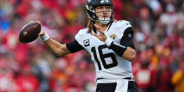 Trevor Lawrence of the Jacksonville Jaguars throws against the Chiefs at GEHA Field at Arrowhead Stadium on Jan. 21, 2023, in Kansas City, Missouri.