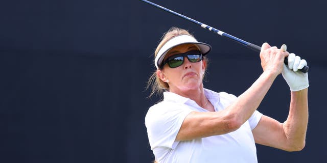 Caitlyn Jenner plays her shot from the first tee during the pro-am prior to the LIV Golf Invitational - Bedminster at Trump National Golf Club Bedminster on July 28, 2022 in Bedminster, New Jersey. 