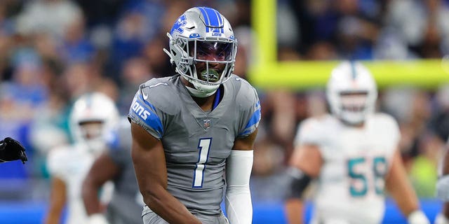 Jeff Okudah of the Detroit Lions reacts against the Miami Dolphins during the first quarter at Ford Field Oct. 30, 2022, in Detroit. 