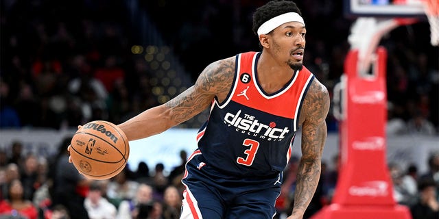 Bradley Beal #3 of the Washington Wizards handles the ball against the Sacramento Kings at Capital One Arena on March 18, 2023 in Washington, DC.   