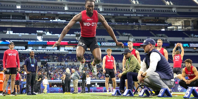 Wide receiver Michael Jefferson of Louisiana‐Lafayette participates in the broad jump during the NFL Combine at Lucas Oil Stadium on March 04, 2023 in Indianapolis, Indiana.