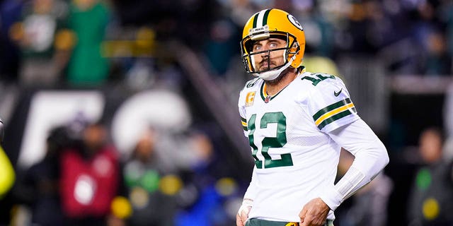 Green Bay Packers quarterback Aaron Rodgers looks at a replay during the first half of a game against the Philadelphia Eagles Nov. 27, 2022, in Philadelphia.