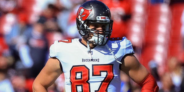 Rob Gronkowski #87 of the Tampa Bay Buccaneers looks on before the game against the Los Angeles Rams in the NFC Divisional Playoff game at Raymond James Stadium on January 23, 2022 in Tampa, Florida.