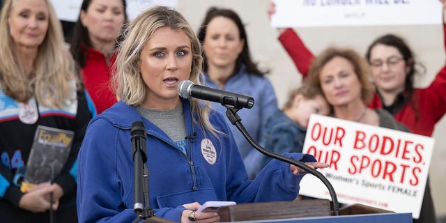 Former University of Kentucky swimmer Riley Gaines speaks during a rally on Jan. 12, 2023, outside of the NCAA Convention in San Antonio.